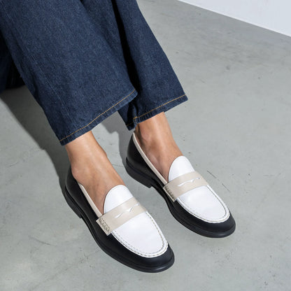 Vendôme Blandine black, white and cream calfskin leather loafers